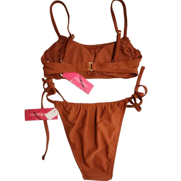 Xhilaration Jrs Smocked Top + High Leg Side Tie String Bikini Bottoms Rust XS - Picture 3 of 10